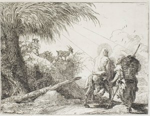 Jozef en Maria passeren een herder en zijn kudde, plaat elf uit De vlucht naar Egypte door Giovanni Domenico Tiepolo