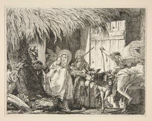 Jozef en Maria voor een huis, uit de serie Idee pittoresche sopra la fuga in Egitto door Giovanni Domenico Tiepolo