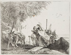 Maria, geholpen door Jozef en een engel, stapt uit de boot, plaat achttien uit De vlucht naar Egypte door Giovanni Domenico Tiepolo