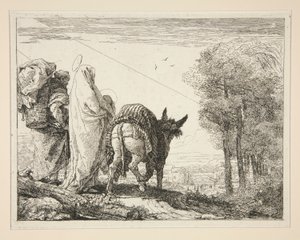 Maria die haar kind in haar armen houdt, uit de serie Idee pittoresche sopra la fuga in Egitto (Vlucht naar Egypte) door Giovanni Domenico Tiepolo