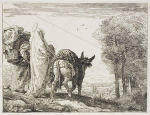 Maria houdt het kind in haar armen en Jozef met de mand, plaat tien uit De vlucht naar Egypte door Giovanni Domenico Tiepolo