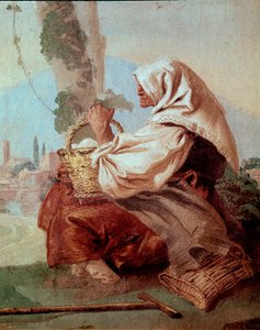 Oude boerin met een mand eieren door Giovanni Domenico Tiepolo