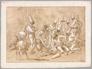 Punchinello stort in op de weg door Giovanni Domenico Tiepolo