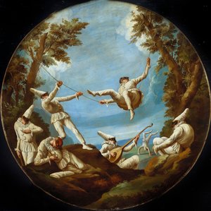Punchinellos op Schommels, Muziek maken en Acrobatiek doen in een Landschap door Giovanni Domenico Tiepolo