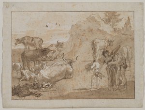 Schapen en koeien, 1790s door Giovanni Domenico Tiepolo