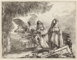 De vlucht, Heilige Familie wandelend met engel door Giovanni Domenico Tiepolo