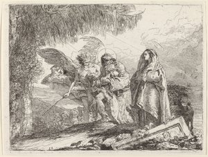 De vlucht, Heilige Familie wandelend met engel door Giovanni Domenico Tiepolo