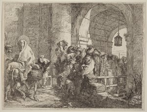 De Heilige Familie komt aan bij een stadspoort door Giovanni Domenico Tiepolo