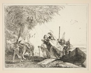 De Heilige Familie ontscheping, uit de serie Idee pittoresche sopra la fuga in Egitto (Vlucht naar Egypte) door Giovanni Domenico Tiepolo