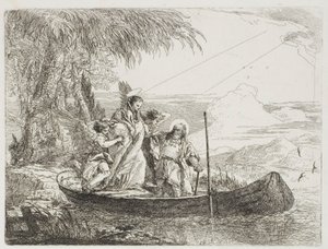 De Heilige Familie gaat aan boord met de hulp van de engelen, plaat zestien uit De vlucht naar Egypte