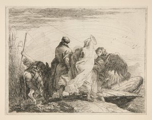 De Heilige Familie Verlaat de Oever van de Rivier, uit de serie Idee pittoresche sopra la fuga in Egitto door Giovanni Domenico Tiepolo