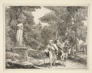 De Heilige Familie passeert een standbeeld, uit de serie Idee pittoresche sopra la fuga in Egitto door Giovanni Domenico Tiepolo