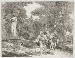 De Heilige Familie die Langs een Beeld Gaat, waarvan het Hoofd op de Grond Valt, plaat 22 uit De Vlucht naar Egypte door Giovanni Domenico Tiepolo