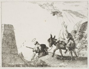 De Heilige Familie passeert een piramide, plaat twintig uit De vlucht naar Egypte door Giovanni Domenico Tiepolo