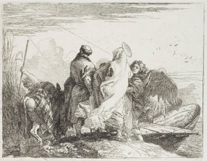 De Heilige Familie stapt van de oever, plaat vijftien uit De vlucht naar Egypte door Giovanni Domenico Tiepolo