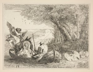 De Heilige Familie Reizend per Boot, uit de serie Idee pittoresche sopra la fuga in Egitto (Vlucht naar Egypte) door Giovanni Domenico Tiepolo