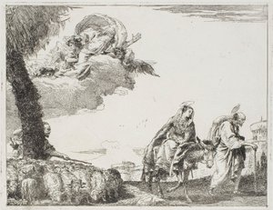 De Heilige Familie Wandelt Langs een Stadsmuur. Links een Herder met zijn Kudde en God de Vader, plaat acht uit De Vlucht naar Egypte door Giovanni Domenico Tiepolo
