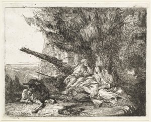 De rust tijdens de vlucht, met Heilige Familie onder een boom