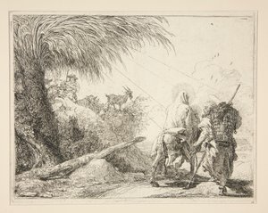 De Maagd, gezeten op de ezel en gezien van achteren, uit de serie Idee pittoresche sopra la fuga in Egitto (Vlucht naar Egypte) door Giovanni Domenico Tiepolo