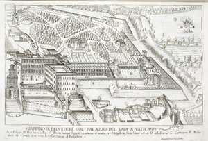 Uitzicht op de Belvedere-tuinen in het Pauselijk Paleis, Vaticaan door Giovanni Domenico de