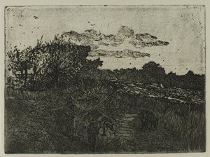 Platteland bij zonsondergang met varkenshoeders door Giovanni Fattori