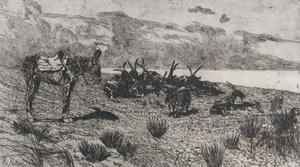 Ezel en geiten aan een kust in de winter door Giovanni Fattori