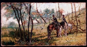 Twee soldaten rijden onder de bomen door Giovanni Fattori