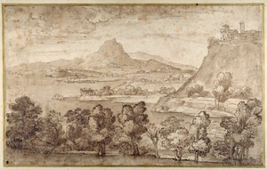 Landschap met een heuvelstad en een verder gelegen berg door Giovanni Francesco Grimaldi