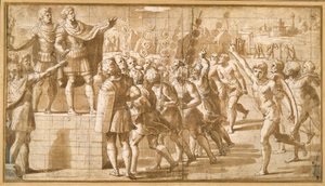 Keizer Constantijn, zijn troepen toesprekend, geschrokken door het visioen van het kruis in de lucht door Giovanni Francesco (c.1488 1528) Penni