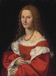 Portret van een dame als Maria Magdalena, halflang, in een rode jurk en parelketting