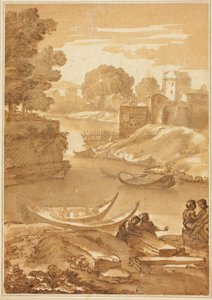 Figuren gezeten bij een rivier