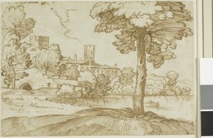 Landschap met een grote boom rechts en een verre blik op een stad links door Giovanni Francesco Grimaldi