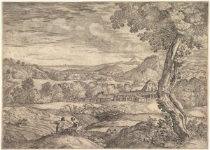 Landschap met een baksteenfabriek op de achtergrond, een staande man op de voorgrond, 1626-80 door Giovanni Francesco Grimaldi