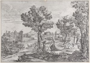 Landschap met een man die een slang vasthoudt voor een doodsbang kind, bekeken door een modieus geklede, 1626-80