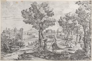 Landschap met een man die een slang vasthoudt voor een doodsbang kind, bekeken door een modieus geklede heer, 1626-80