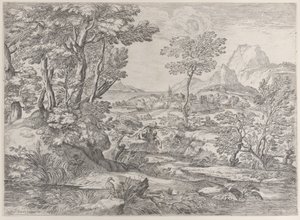 Drie jongens in een landschap met een stad op de achtergrond, 1626-80 door Giovanni Francesco Grimaldi