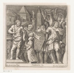 Groep figuren en twee olifanten in een stad