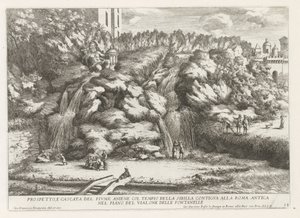 Landschap met cascade en Tempel van de Tiburtijnse Sibille te Tivoli door Giovanni Francesco Venturini