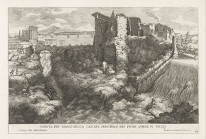 Landschap met waterval en tempel van de Tiburtijnse Sibille te Tivoli door Giovanni Francesco Venturini
