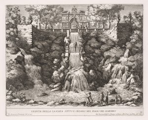 De fonteinen van Rome, Boek IV, plaat 21: Uitzicht op de waterval onder het orgel vanuit de tuin door Giovanni Francesco Venturini