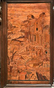 Genua, Duomo (Sint-Laurenskathedraal), binnen, apsis, koor, noordzijde: "Mozes gered uit het water", houtintarsia door Giovanni Francesco Zambelli (16e eeuw) door Giovanni Francesco Zambelli