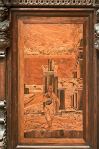 Genua, Duomo (Sint-Laurenskathedraal), binnen, apsis, koor, noordzijde: "De Doper in de wildernis", houtintarsia door Giovanni Francesco Zambelli (16e eeuw) door Giovanni Francesco Zambelli