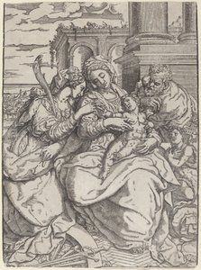 Madonna en kind met Sint-Catharina door Giovanni Gallo after Marco Pino
