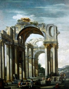 Een Capriccio van Klassieke Ruïnes met Figuren door Giovanni Ghisolfi