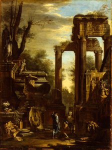 Capriccio van klassieke ruïnes en beelden met pratende figuren door Giovanni Ghisolfi