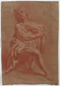Tekening, Knielende man, voor een Aanbidding van de Herders, 1601-1650 door Giovanni Giacomo Barbelli