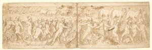 Barbaarse vluchtelingen en hun dieren worden uit hun schuilplaats gehaald; linksboven het einde van een cartouche met een scroll