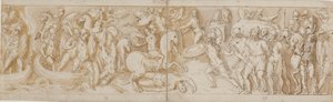 Romeinse soldaten steken een rivier over in boten (grotendeels restauratie; XXXIV)2; een vechtende Romeinse soldaat (van het einde van XXIV); Romeinse bewakers brengen barbaarse gevangenen voor de keizer (weggelaten in de tekening; einde van XXV); begin va door Giovanni Guerra