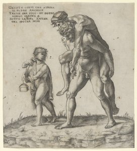 Aeneas redt Anchises, een jonge jongen draagt een lantaarn links door Giovanni Jacopo Caraglio