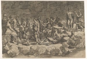 Vergadering van de Goden na de plafondcompositie in de Loggia di Psiche, Villa Farnesina..., 1527 door Giovanni Jacopo Caraglio